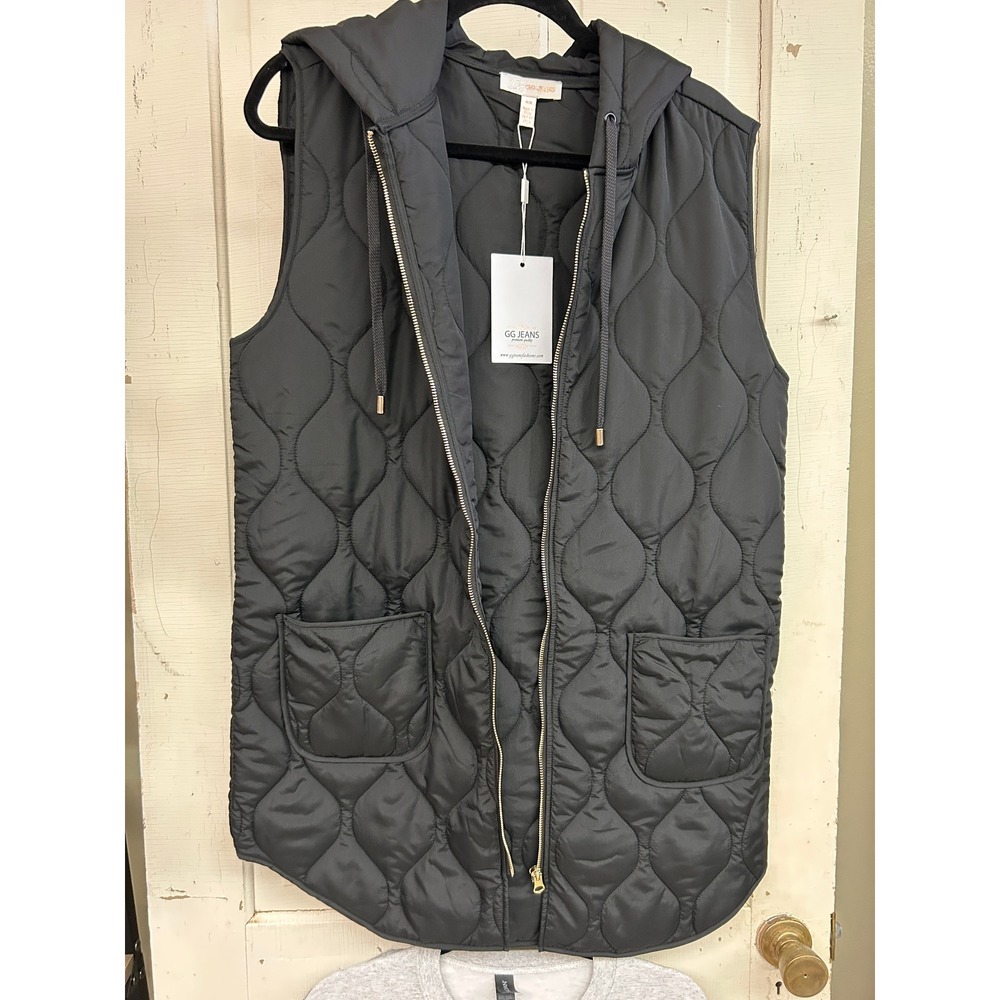 GG Jeans Womens Black Quilted Hooded Puffer Vest Zip Front Pockets Style 94119 M